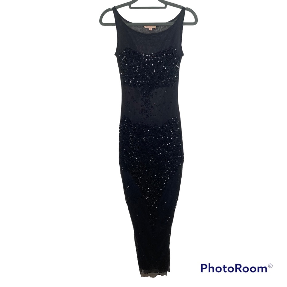 Issue sexy maxi sleeveless mesh shiny see through beads rhinestones black